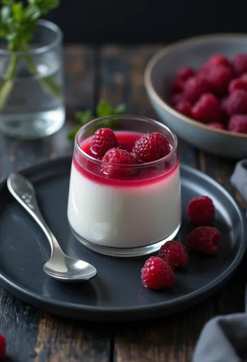Rózsavizes panna cotta friss gyümölccsel és mentalevelekkel díszítve