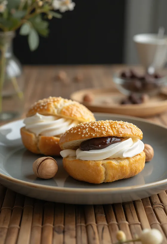 Semla mogyorókrémmel, habos töltelékkel és porcukorral szórva tálalva