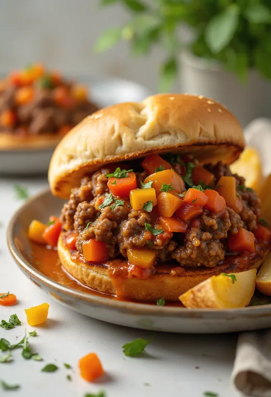 Sloppy Joe zöldségekkel, friss petrezselyem díszítéssel.