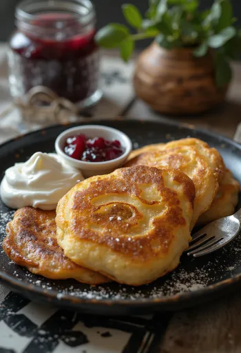 Smažený pancake porcukorral és lekvárral tálalva