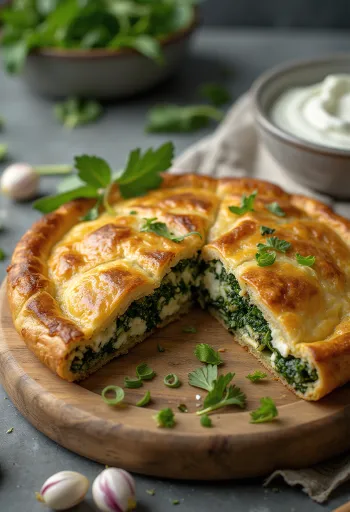 Spanakopita zöldfűszerekkel, aranybarna, ropogós tésztával és gazdag spenótos töltelékkel