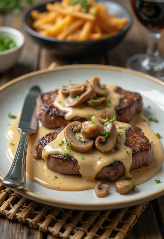Steak Diane tálalva krumplipürével és zöldségekkel