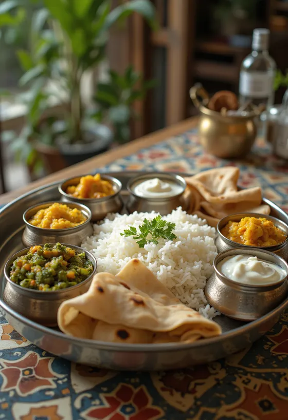 Thali tamil módra, változatos indiai ételekkel tálalva fémtálcán: rizs, curryk, kenyérfélék, csatnik