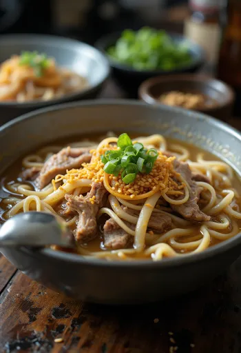 Wandu Kalguksu koreai marha- és csirkeleves friss tésztával, korianderrel és szezámmaggal tálalva