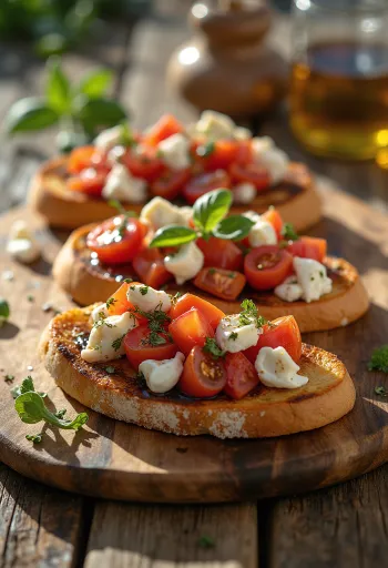 Bruschetta mozzarella sajttal, paradicsommal és bazilikával díszítve