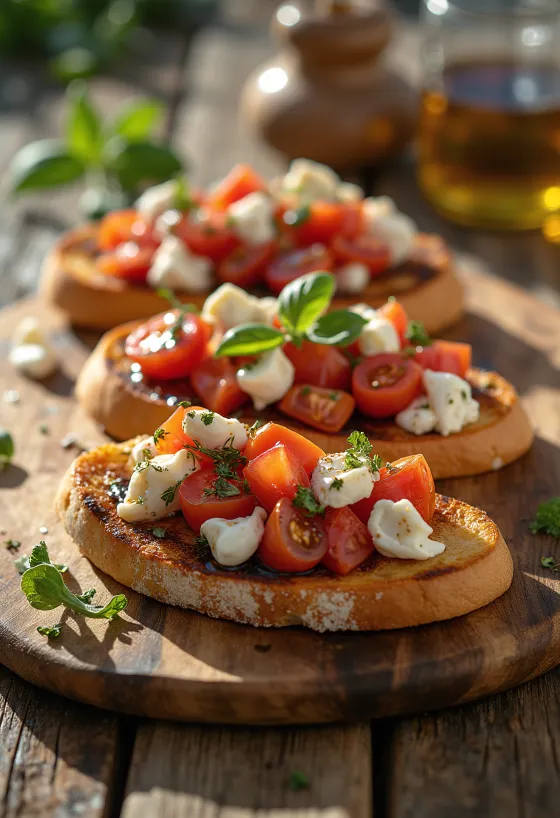 Bruschetta mozzarella sajttal, paradicsommal és bazilikával díszítve