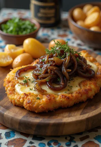 Cachopo karamellizált hagymával, ropogós rántott hús sajttal töltve, édes hagymával tálalva