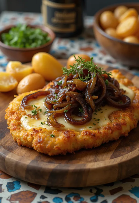 Cachopo karamellizált hagymával, ropogós rántott hús sajttal töltve, édes hagymával tálalva