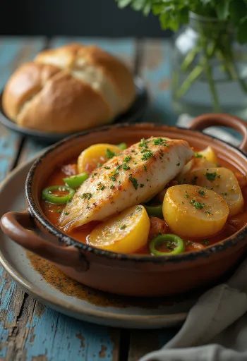 Caldeirada de peixe halas étel, frissen készítve, gazdag ízekkel és színekkel