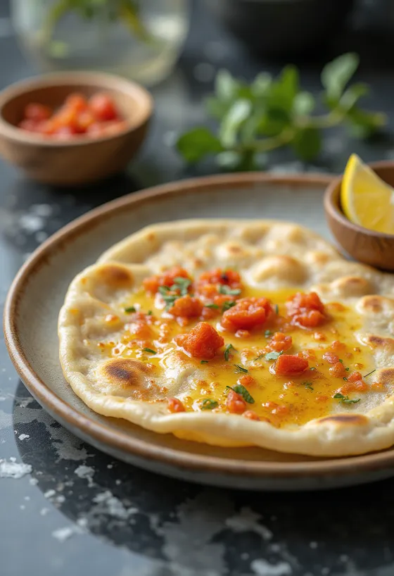 Chapati fűszeres olívaolajjal, frissen sütve, tálalva