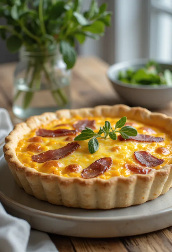 Cheddaros és baconos quiche rusztikus tálalásban szeletelve