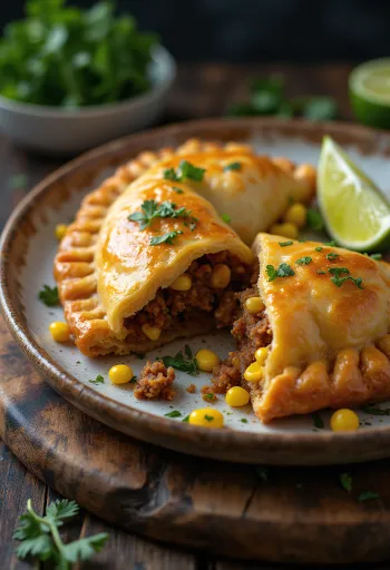Cornish pasty mexikói stílusban, friss korianderrel és lime levével tálalva