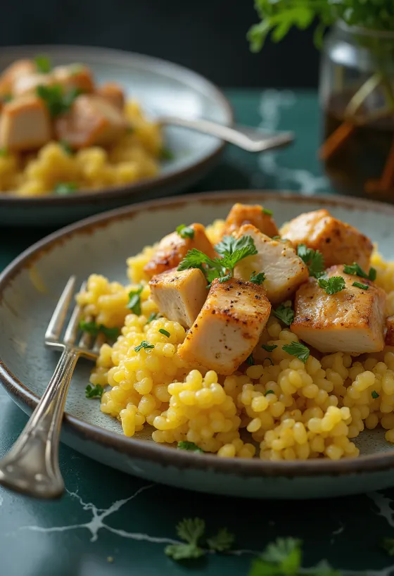 Klasszikus couscous csirkével, gazdag fűszerekkel tálalva, friss korianderrel