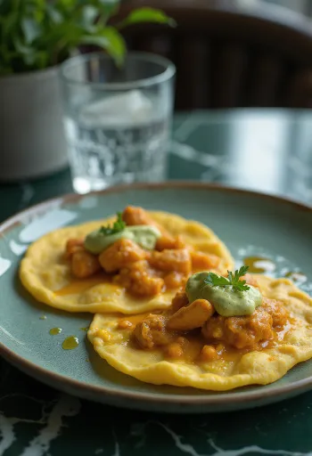 Doubles zöld mangó chutney-val, friss, fűszeres csirkecombokkal és gazdag mangó chutney-val tálalva.