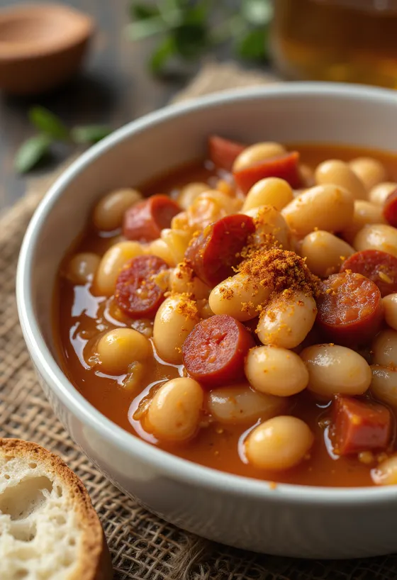 Fabada con Chorizo, gazdag fűszeres leves chorizóval és füstölt szalonnával