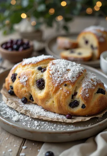 Fekete ribizlis Stollen szeletelve, porcukorral meghintve