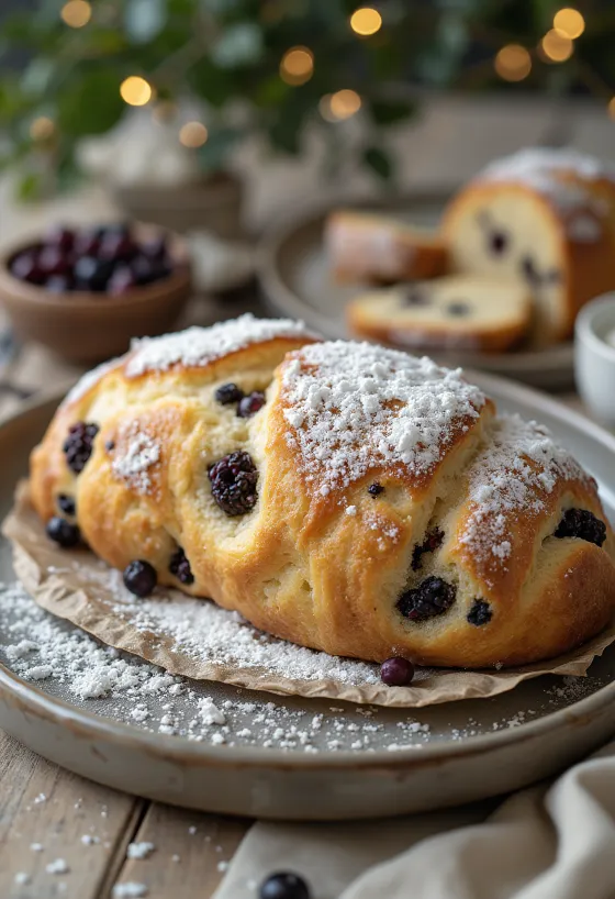 Fekete ribizlis Stollen szeletelve, porcukorral meghintve