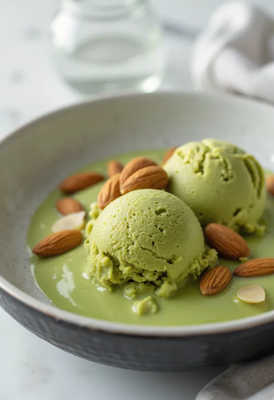 Matcha mandulás fagylalt tálalva
