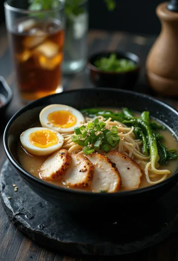 Halal Ramen tálalva csirkével, bok choy-jal és tojással