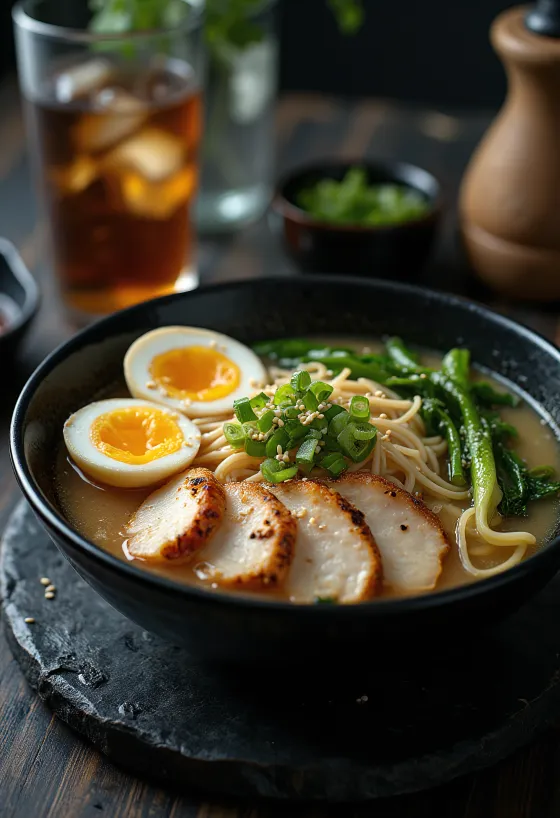 Halal Ramen tálalva csirkével, bok choy-jal és tojással