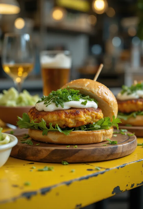 Indiai hamburger csicseriborsó pogácsával és mentás joghurtszósszal
