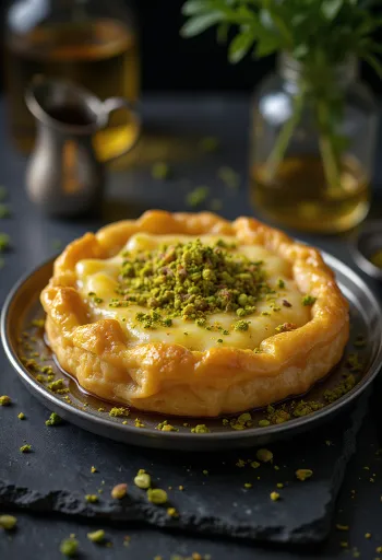 Knafeh pisztáciával, ropogós tészta és túrós töltelék, friss pisztáciával díszítve