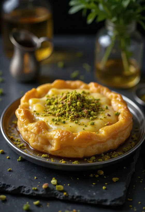 Knafeh pisztáciával, ropogós tészta és túrós töltelék, friss pisztáciával díszítve