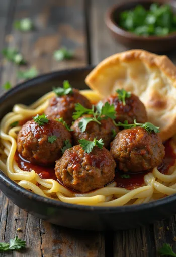Kofta fűszeres fűszeres, grillezett marhahús golyókkal és petrezselyem díszítéssel