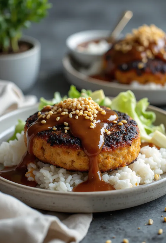 Loco Moco tofupogácsával, burgonyapürével és szezámmaggal