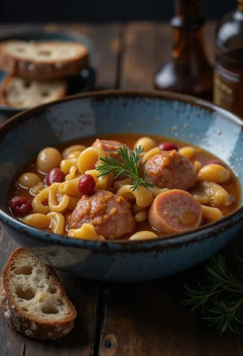 Minestrone kolbásszal, tésztával és zöldségekkel tálalva, egy meleg, házias fogásként