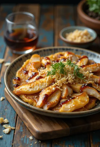 Csirkehússal készült okonomiyaki tálalva, okonomiyaki szósszal és bonito pelyhekkel