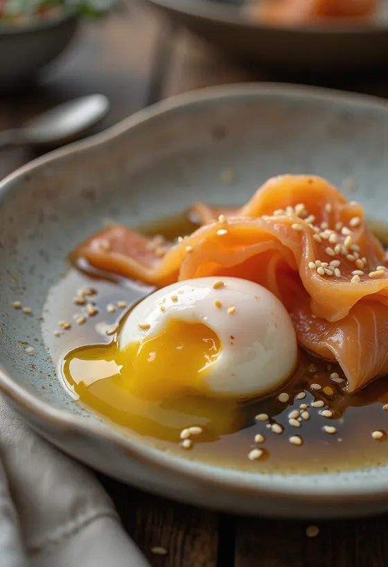 Onsen Tamago füstölt lazaccal, friss korianderrel és szójaszószal
