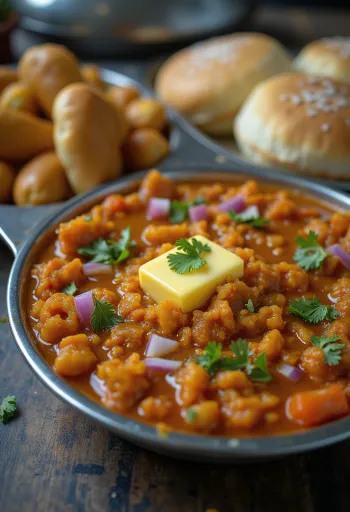 Pav Bhaji klasszikus zöldségekkel, friss korianderrel, pirított zsemlével tálalva