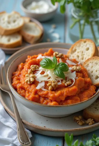 Pesto sült paprikával és füstölt sajttal, tálalva
