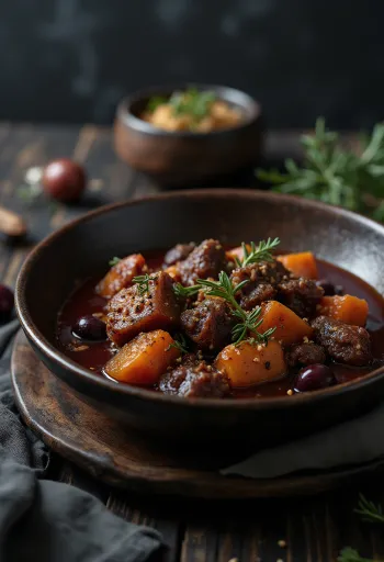Pörkölt őzhússal, magyar vadétel petrezselyemmel díszítve
