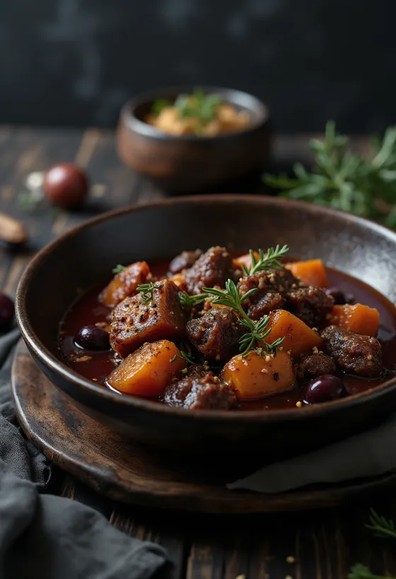 Pörkölt őzhússal, magyar vadétel petrezselyemmel díszítve