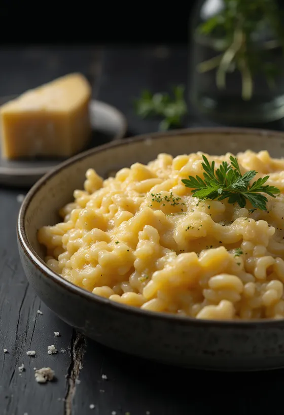 Krémes sajtos rizottó parmezánnal és pecorino sajttal megszórva tálalva