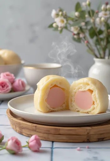 Rózsavizes-marcipános bao bun tálalva