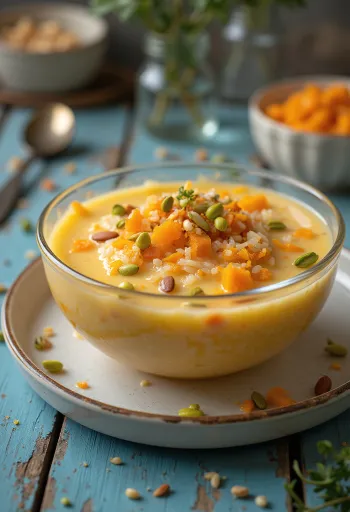 Sárgarépás kheer tálban, gazdag mandulával díszítve