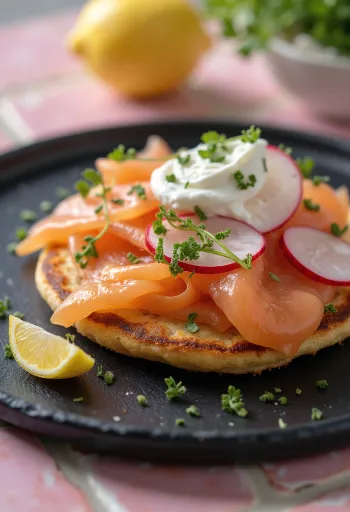 Smørrebrød pancake lazaccal és zöldségekkel tálalva