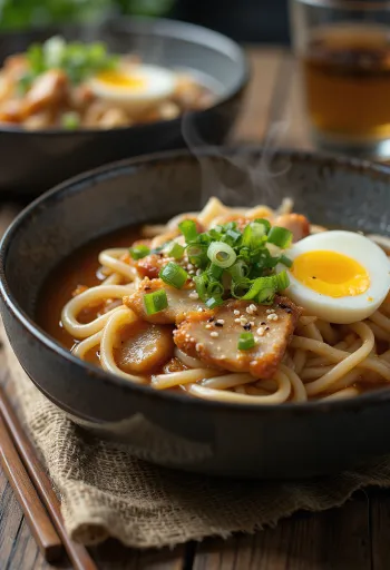 Stamina udon tálban tálalt udon tészta pirított csirkehússal, tojással és szójaszósz alapú szósszal