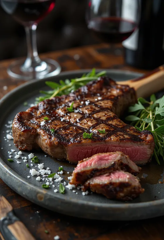 Steak Florentine tálalva rozmaringgal és olívaolajjal