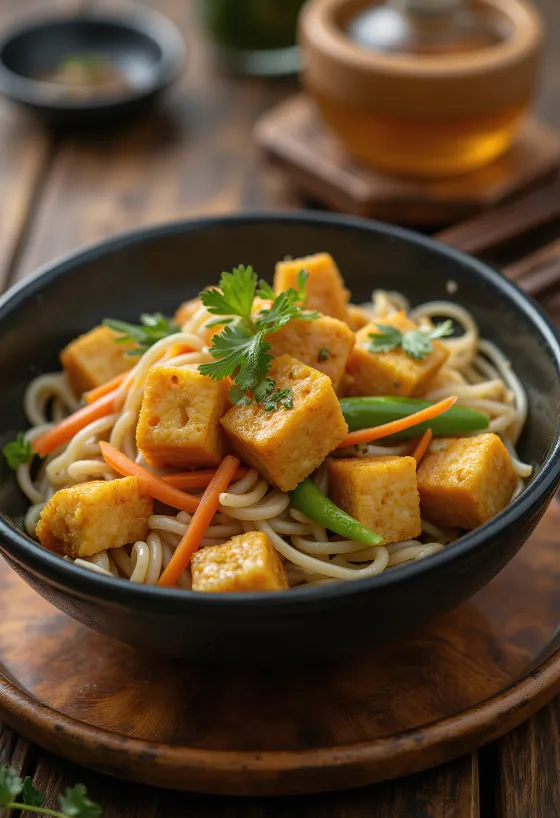 Sült tofu rizstésztával, tálalva friss korianderrel és szójaszósszal