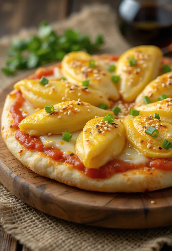 Tamagoyaki pizza, lágy omlettel, friss zöldhagymával és szezámmaggal