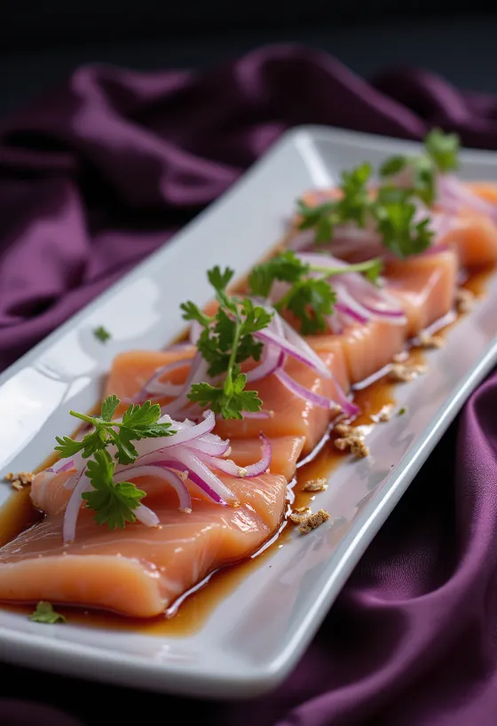 Tiradito tamari és mirin szósszal, tálalva friss korianderrel és lime-mal