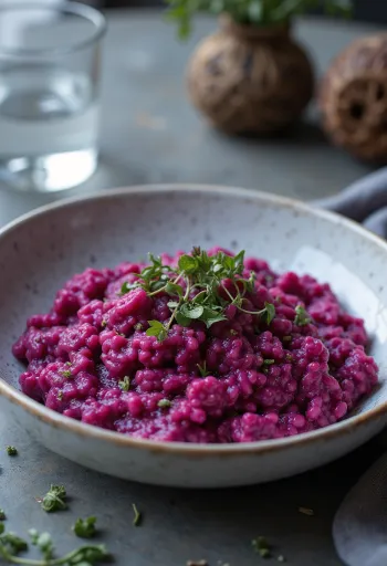 Vegán rizottó céklával tálalva