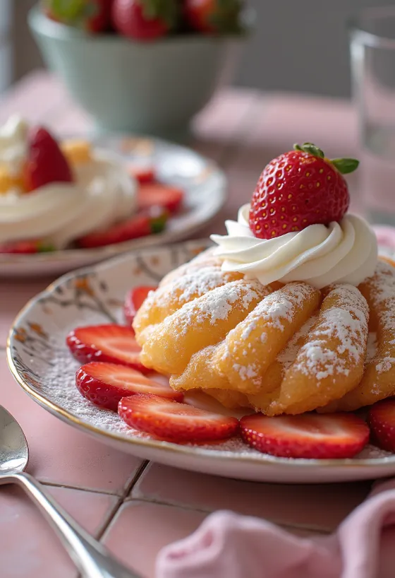 Zeppole mascarpone krémmel töltve, friss eperrel a tetején tálalva