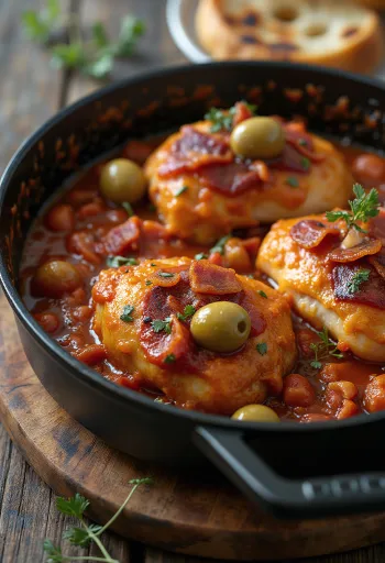 Cacciatore szalonnával, csirkecombokkal és paradicsommal tálalva
