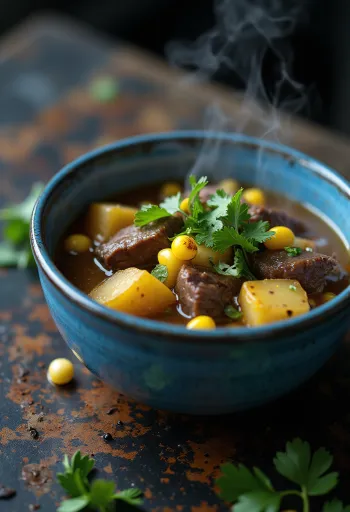 Caldillo marhahússal, gazdag, fűszeres levessel tálalva, friss korianderrel díszítve