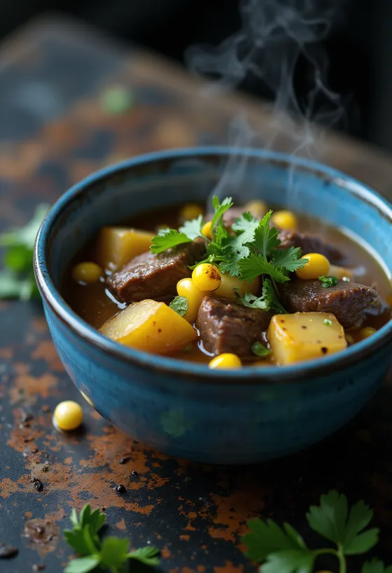 Caldillo marhahússal, gazdag, fűszeres levessel tálalva, friss korianderrel díszítve